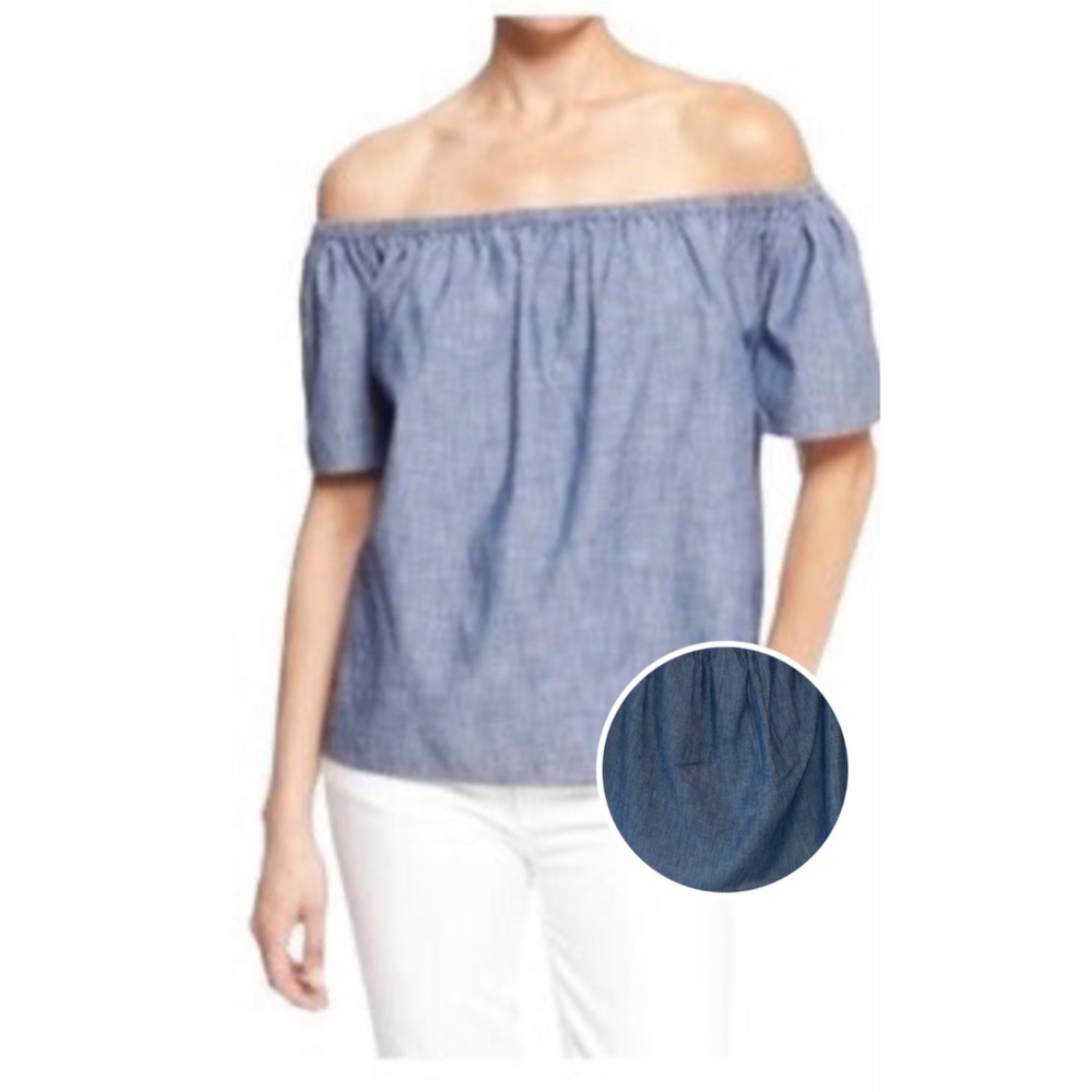 Gap Chambray Off Shoulder Top Light Blue Short Sleeve Women's Size large.